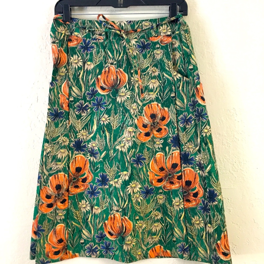 Cotelac Brocade Floral Skirt Mid-length Textured Pleated Green Pockets